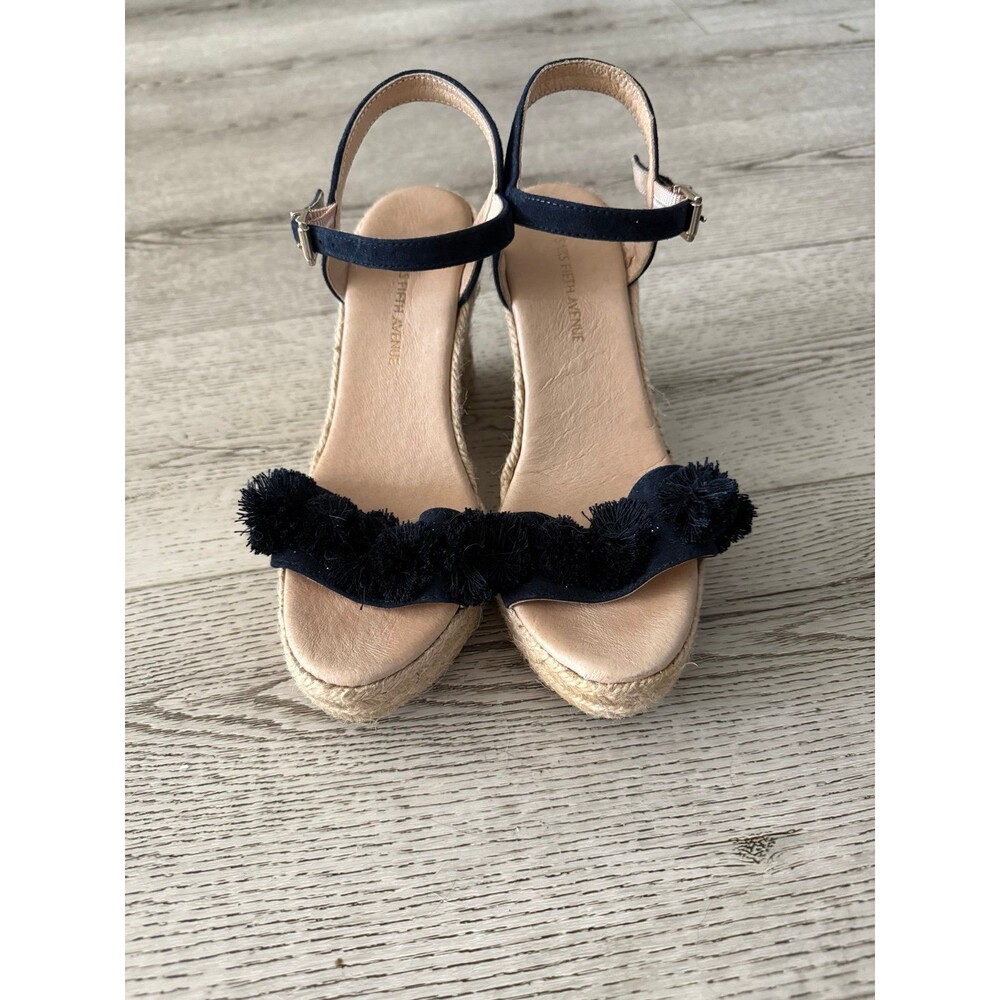 Saks Fifth Avenue Women's Sandal Size 5 PomPom Espadrille Wedge Black Suede